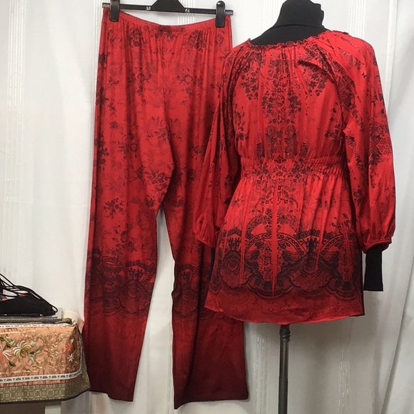 🪭 Starille Red Black Super Soft Long Sleeve Top & Pants Loungewear Set Sz.M/L - Picture 3 of 11